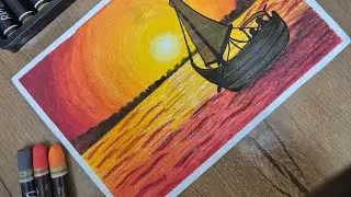 Beautiful Sunset Scenery Drawing with Oil Pastels #art #drawing #sunset 