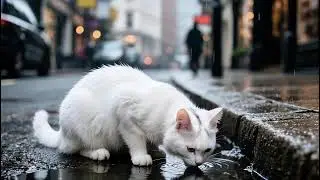 Urban Serenity: A White Cat Drinks from a Rainy Street Puddle .