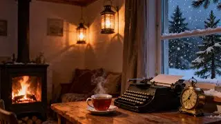 Hygge Winter Study Room with Fireplace 🔥 Snow Outside, Tea Steam, Clock Ticking | 1 Hour Loop