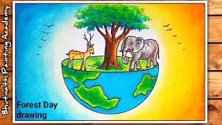 World forest day drawing easy||animal forest scenery drawing with oil pastels color
