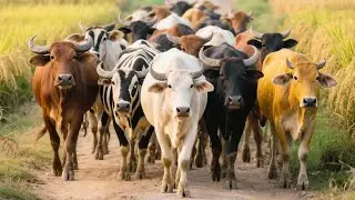 Colorful buffaloes and cows graze in the ripening rice fields - Video of buffaloes and cows