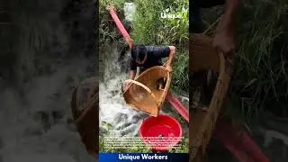 Stream fishing with a basket: people catching fish with a basket in a stream