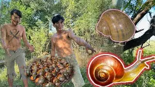 The wild people go out to find snails to cook.
