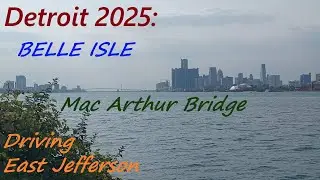 Driving East Jefferson to Belle Isle In October, 2025. MacArthur Bridge. Detroit  Skyline View.