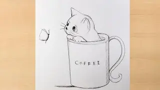 Cute Kitten inside cup with butterfly pencildrawing/cat drawing@TaposhiartsAcademy