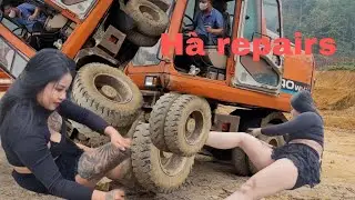 The genius girl saved two front tires of a badly damaged bulldozer for her brother.