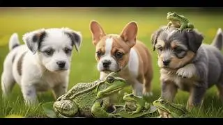 Adorable puppies and frog exploring the green grass - Dog Barking Sounds - Dog sound 