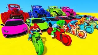 SPIDERMAN CARS MARIO Ramp JUMP Challenge ! SUPERHERO HULK IronMan Trevor and Friends Stunt - GTA V