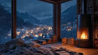 Snowy Dreamscape Night | Soft Piano & Crackling Fireplace for Study and Sleep
