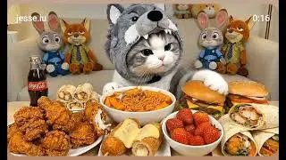 Cat eating fried chicken and noodle and munching on snacks 