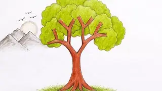 Easy Tree drawing for beginners 🌲| Simple Tree & Mountain Art for Beginners|scenery drawing
