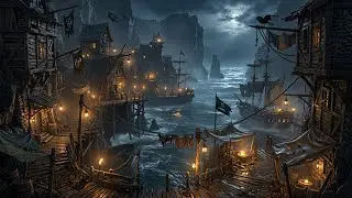Dark Pirate Harbor Ambience 🌊 Moonlit Sea, Ships & Stormy Night Sounds