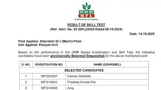 NFL Result of Skill Test ll All Trade ITI ll Total Qualified Selected Candidates ll Not Qualified ll