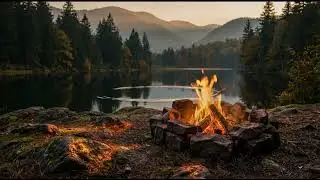 Cozy Campfire by the Lake 🔥 Relaxing Forest Ambience with Mountain Reflections