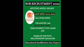 BOB Recruitment 2022 &ndash; Apply Online for 346 Vacancies of Relationship Manager Posts