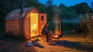 Cozy Reed Hut Cooking - Outdoor Stove Grilling & Peaceful Night With My Dog in Nature