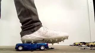 Nike cleats demolished Chevy truck toy car crush stomping