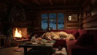 Cozy Cabin Fireplace at Night with Sleeping Dog | Warm Winter Ambience for Deep Sleep & Calm