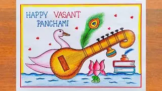 Vasant Panchami Drawing Easy/ How to Draw Basant Panchami Poster Easy Steps/ Basant Panchami Drawing