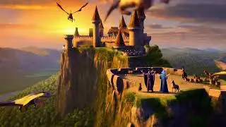 [VideoClipAI] A medieval castle overlooking a magical valley, dragons, wizards, mythical creatures,