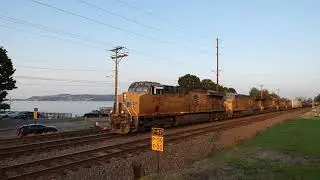 (Southbound) UP Manifest Train passes through Ruston Way. (Five UP GEVOs Locomotive Engines)
