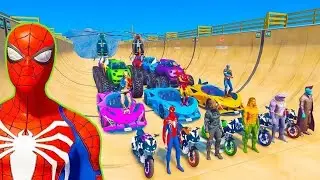 Spider -man! on Motorcycle in sprial Bridge and superhero car brige cartoon video 💯💯