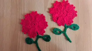 Crochet flower applique with stem and leafs tutorial | handmade