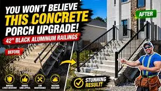 You Won&rsquo;t Believe This Concrete Porch Upgrade  42&rdquo; Black Aluminum Railings #porche  #installation