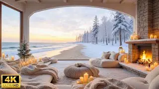 Winter Snow Ambience ❄ Peaceful Piano Music with Crackling Fireplace & Ocean Sounds for Calm & Focus