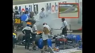 2001 F1 German GP - Fire on Fernando Alonso Minardi PS01 on the grid (F1 season review)