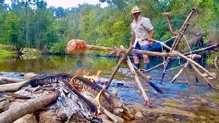 Australian Bushcraft And Bass Fishing Camping Adventure... Water Wheel Rotisserie...