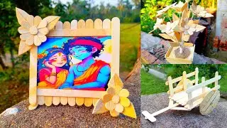 Beautiful Popsicle Stick Crafts | Handmade Photo Frame, Flower Pot & Cart | DIY Art Ideas