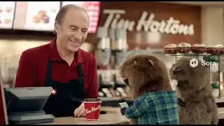 Sora 2 AI video: Pierre Elliot Trudeau works at Tim Hortons, with beavers as customers