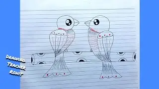 Bird Drawing | Love Bird Scenery Drawing | Birds Drawing Colour | How to Draw Love Birds