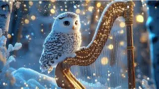 ASMR Magical Snow Owl Forest Night Ambience | Hooting Owl, falling Snow & Relaxing Harp Melody