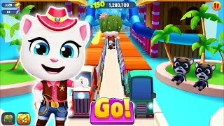 Talking Tom Gold Run 2020 Gameplay Android - Cowboy Angela Fights Raccoon At Water
