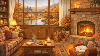 Cozy Autumn Fireplace Ambience 🍁 Warm Cabin Living Room | Relaxing Music, Fall Nature View