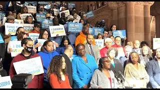 Jewell Campbell speaks at #JustPay rally at the New York state Capitol