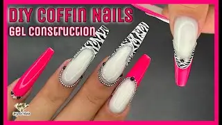 DIY Long Coffin Nails Gel Construction with French / Full ASMR tutorial / Pink Zebra Nail Design