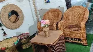 Cane Sofa Chair And Cane Table With Multicolor Mudda Table And Mudda Stool