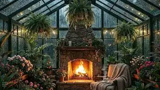 Rainy Greenhouse with Fireplace 🌧️ Heavy Rain on Glass Roof & Crackling Fire (No Music)