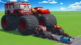 Big & Small McQueen & Police Car vs Zombie Mack, Giant Pit & Mega Ramps Downhill &ndash; BeamNG