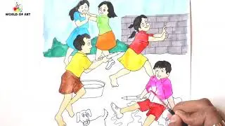 how to draw holi scene step by step | Holi festival scenery drawing | poster drawing
