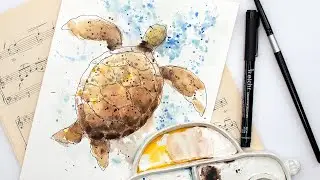 Draw and paint - ink and wash step by step turtle painting tutorial for beginners