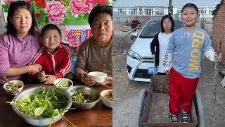 Smart Boy cooking with family for weekend day , Rural life little chef