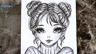 ANIME GIRL EASY DRAWING WITH ONLY ONE PENCIL - TEK KALEMLE ADIM ADIM ANİME KIZ RESMİ NASIL &Ccedil;İZİLİR 
