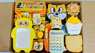 Unboxing yellow stationery, toys & gadgets - burger piggy bank, big sharpener, ball pen, big eraser
