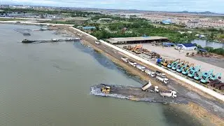 Wonderful Project Lake Fill By Bulldozer SHANTUI Pushing Stone With SHACMAN Truck Unloading Stone