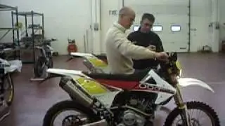 Fantic 125 liquid cooled 4 stroke on stand in Fantic Motor factory