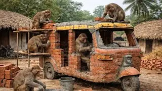  From Bricks to Auto 🚖🐒 | Monkeys Build Indian Rickshaw in Village